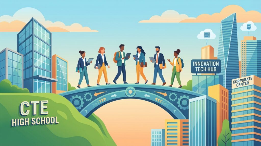 Digital illustration of diverse high school students and a Work-Based Learning Coordinator crossing a gear-driven bridge from CTE High School to a professional corporate district.