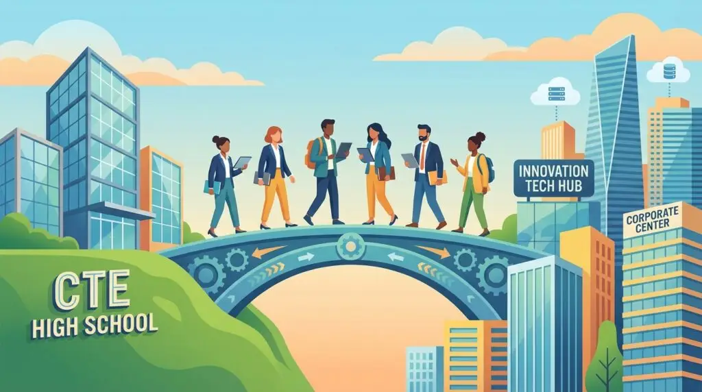 Digital Illustration Of Diverse High School Students And A Work-Based Learning Coordinator Crossing A Gear-Driven Bridge From Cte High School To A Professional Corporate District.