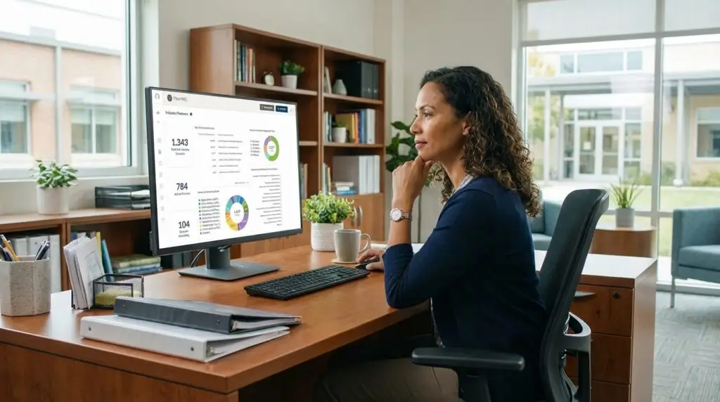 Teacher Reviewing Work-Based Learning Data And Student Outcomes For Perkins V Compliance Reporting