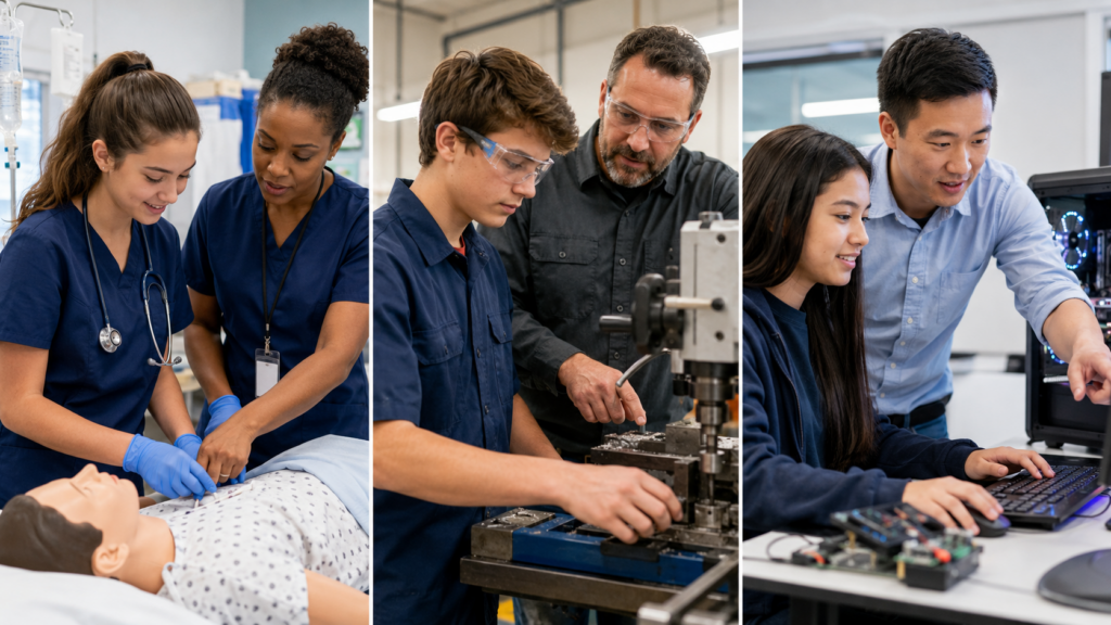 Diverse High School Students Exploring Youth Apprenticeship Programs Across Healthcare, Trades, And Technology Settings